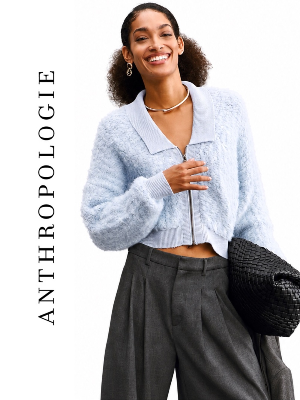 Anthropologie Zip-Up Brushed Collared Cardigan